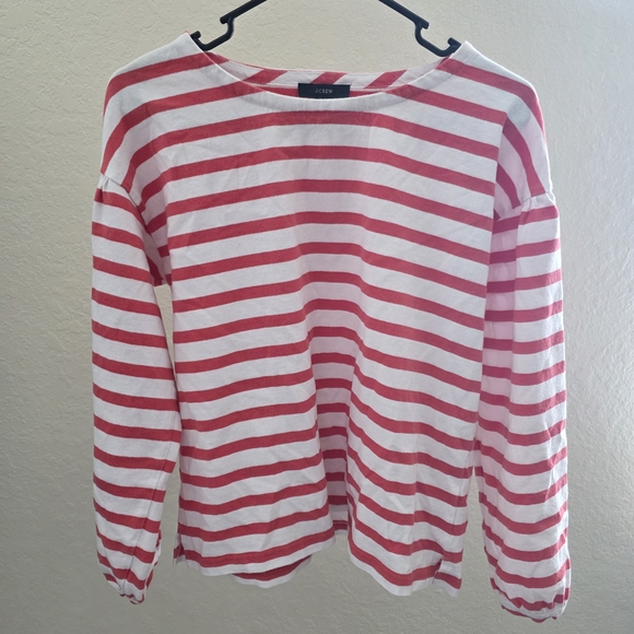 J.Crew Mariner Cloth Puff Sleeve Striped Top Red White Long Sleeve - Picture 2 of 5